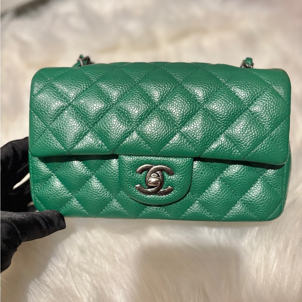 CHANEL classic mini rectangular Green Crossbody Bag with Quilted Leather